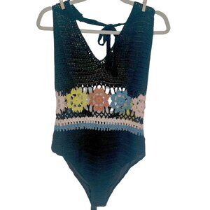 NWT Thinkable Boho Crochet Bodysuit – Black w/ Colorful Rosette Details